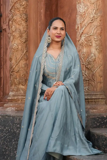 Women's Gorgeous Vichitra Silk Fabric Embroidery Work Flared Anarkali Pant and Dupatta Set 39