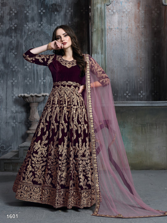 Dark Purple Embroidered Velvet Semi Stitched Patiyala Suit