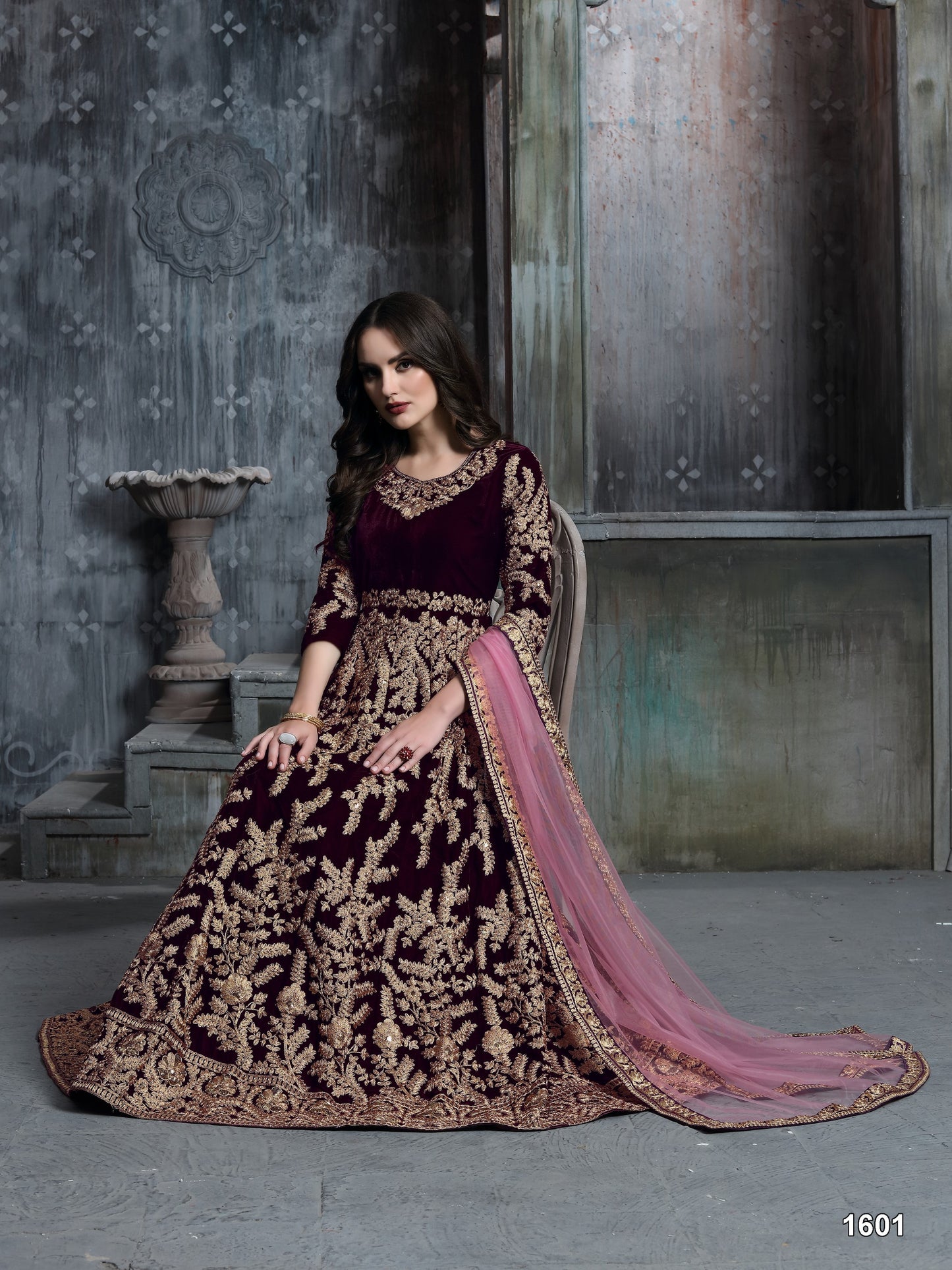 Dark Purple Embroidered Velvet Semi Stitched Patiyala Suit