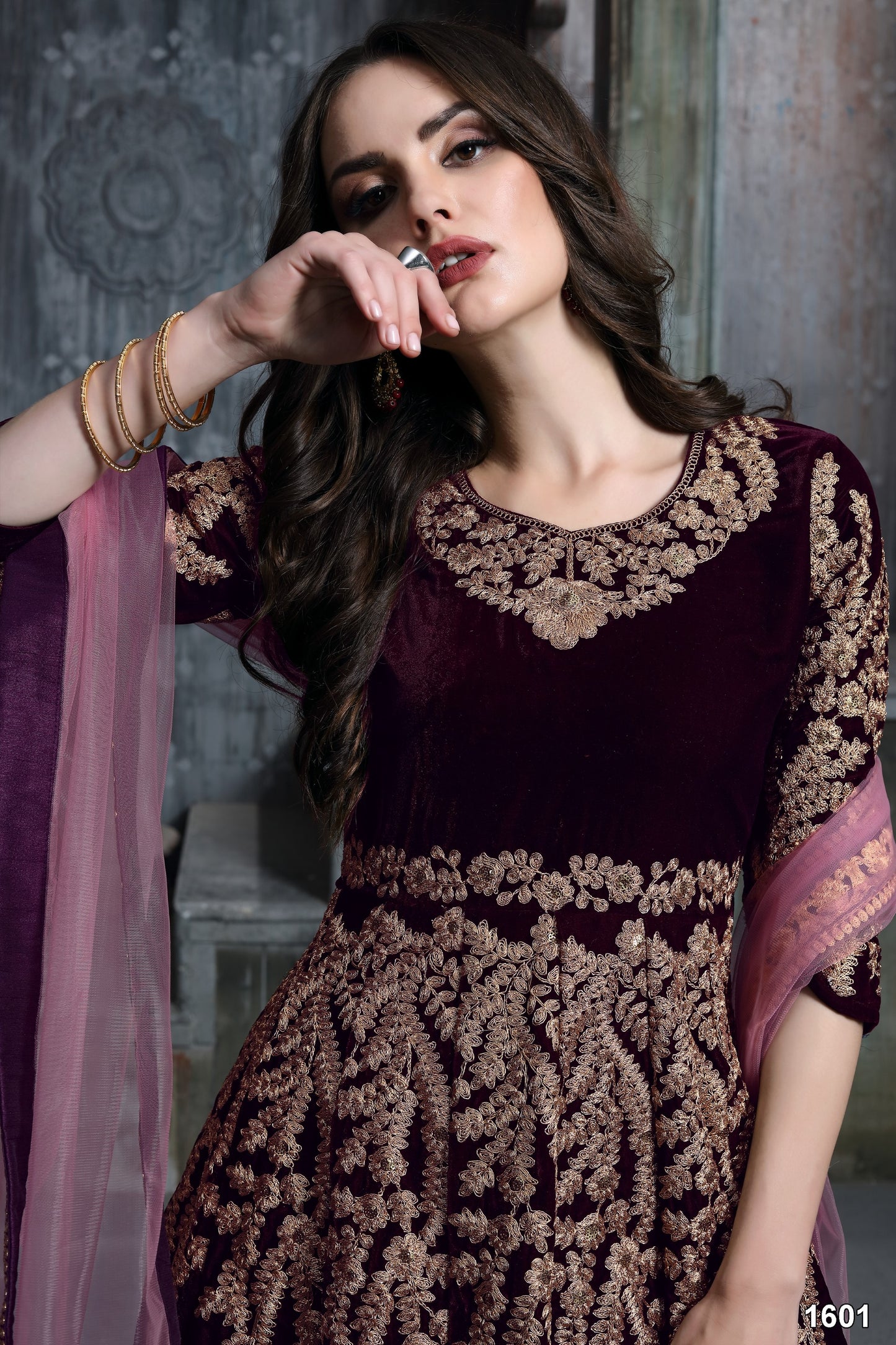 Dark Purple Embroidered Velvet Semi Stitched Patiyala Suit