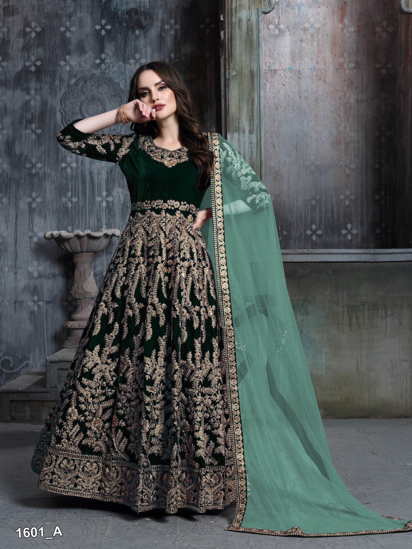Dark Green Embroidered Velvet Semi Stitched Patiyala Suit