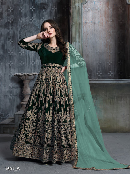 Dark Green Embroidered Velvet Semi Stitched Patiyala Suit