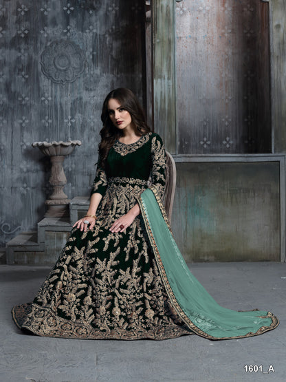 Dark Green Embroidered Velvet Semi Stitched Patiyala Suit