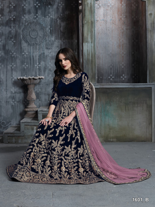 Navy Blue Embroidered Velvet Semi Stitched Patiyala Suit