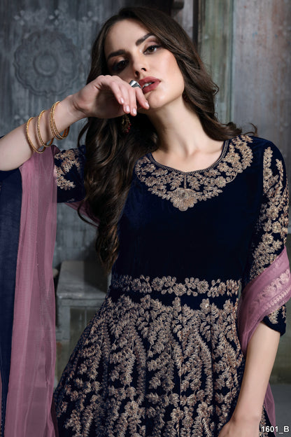 Navy Blue Embroidered Velvet Semi Stitched Patiyala Suit