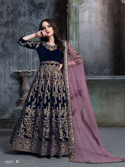 Navy Blue Embroidered Velvet Semi Stitched Patiyala Suit