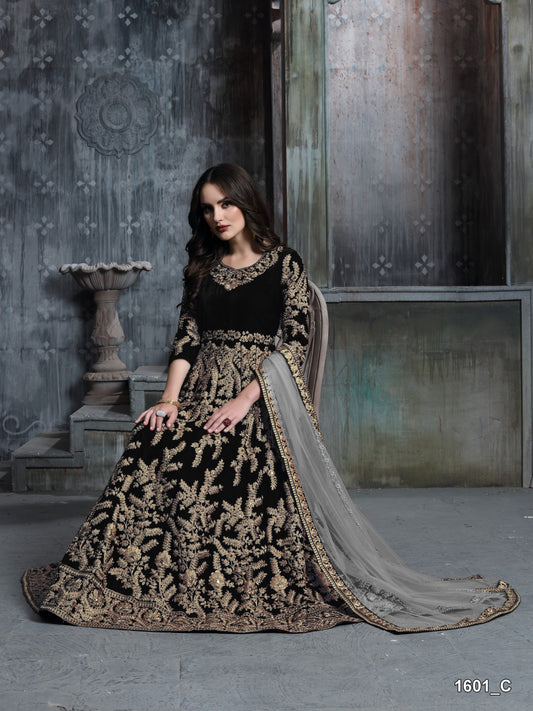 Black Embroidered Velvet Semi Stitched Patiyala Suit