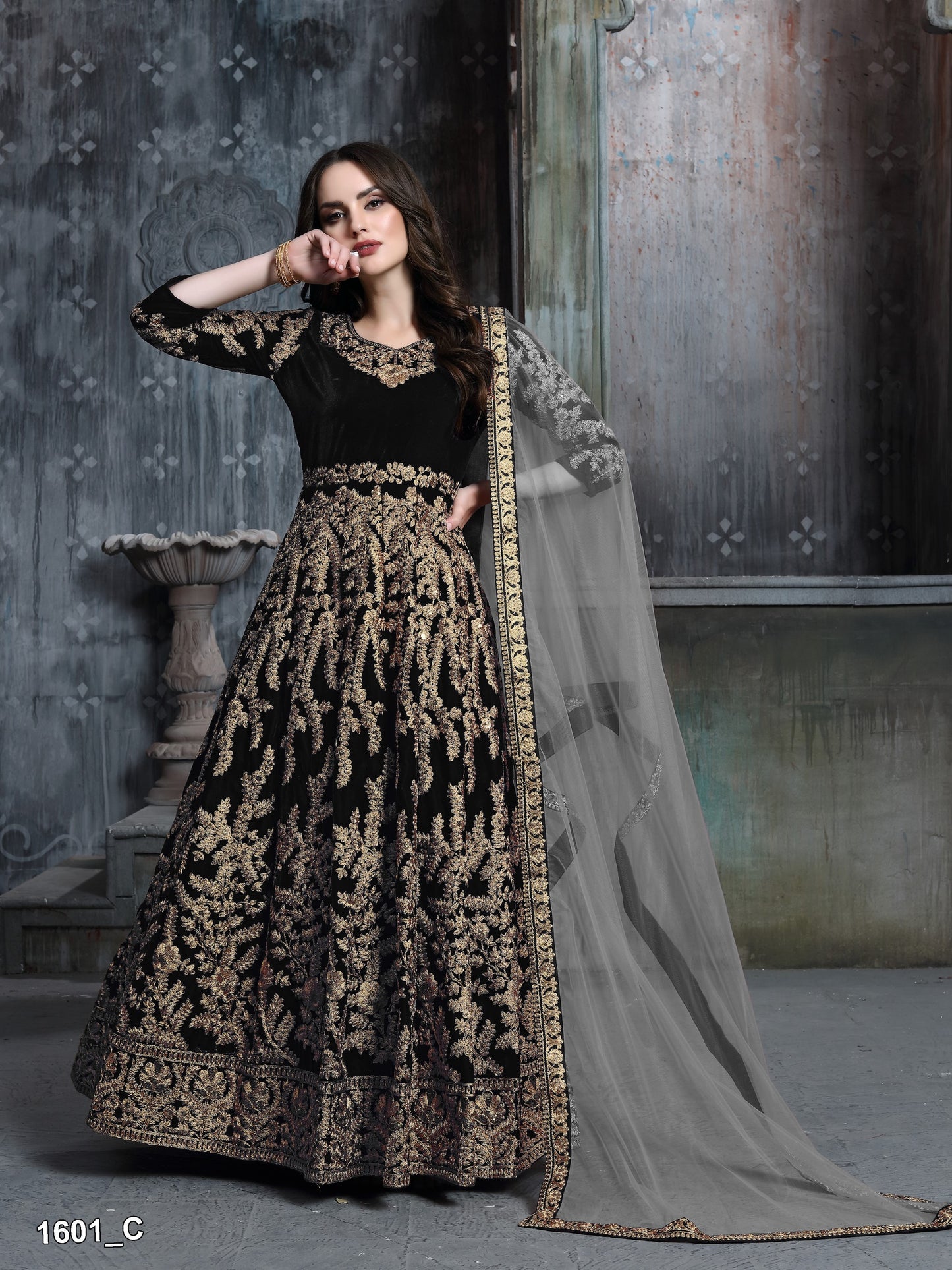 Black Embroidered Velvet Semi Stitched Patiyala Suit