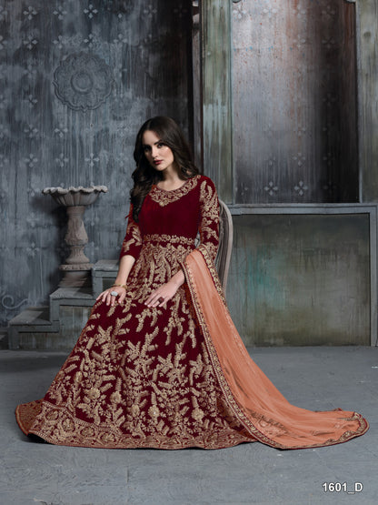 Maroon Embroidered Velvet Semi Stitched Patiyala Suit