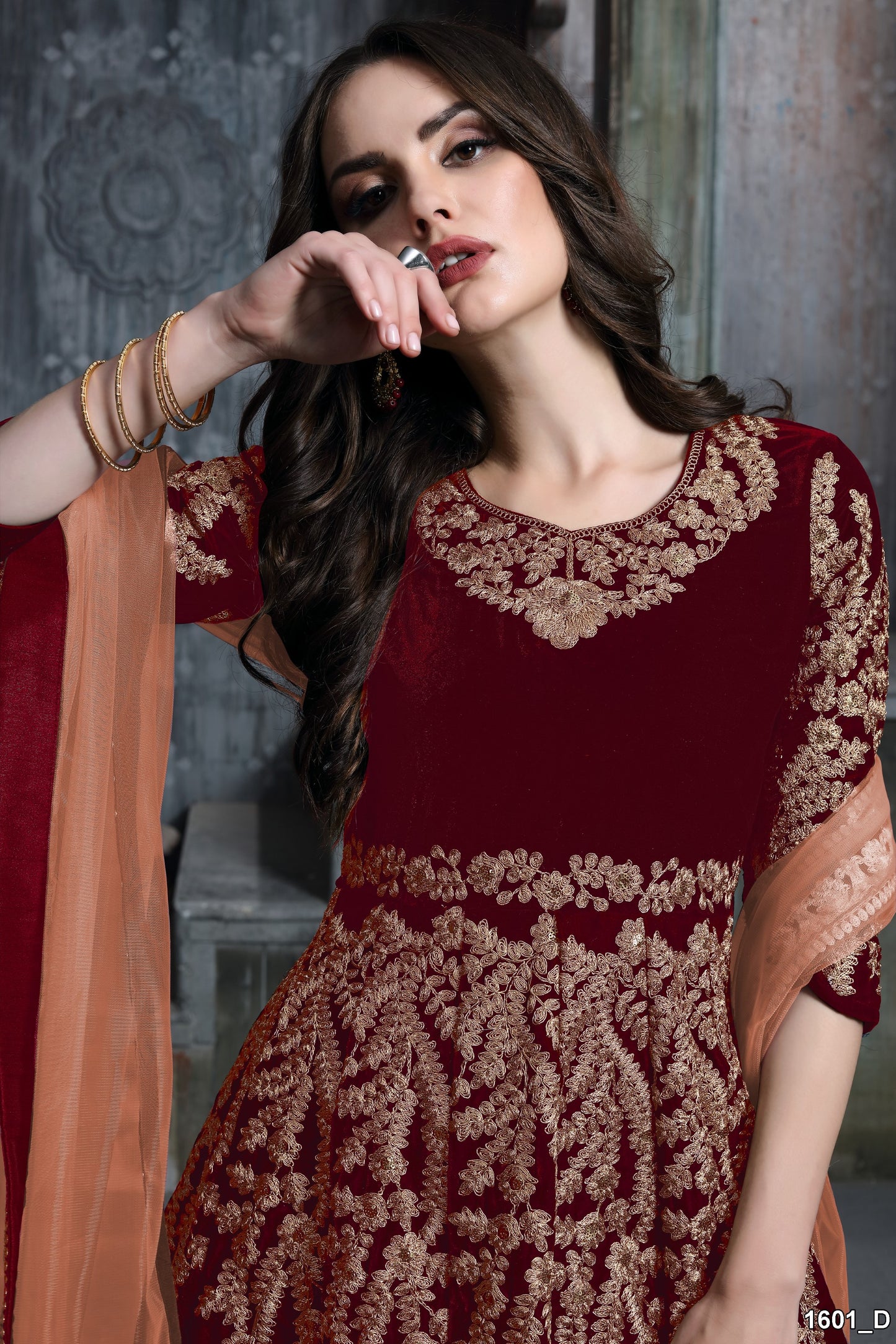 Maroon Embroidered Velvet Semi Stitched Patiyala Suit