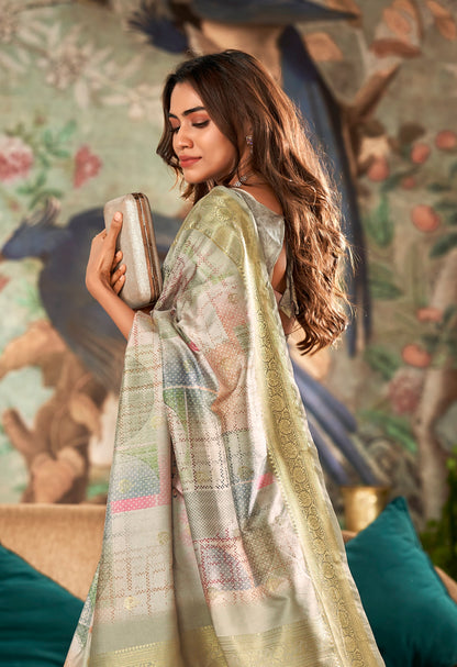 Light Green Designer Weaving Handloom Linen Saree With Blouse