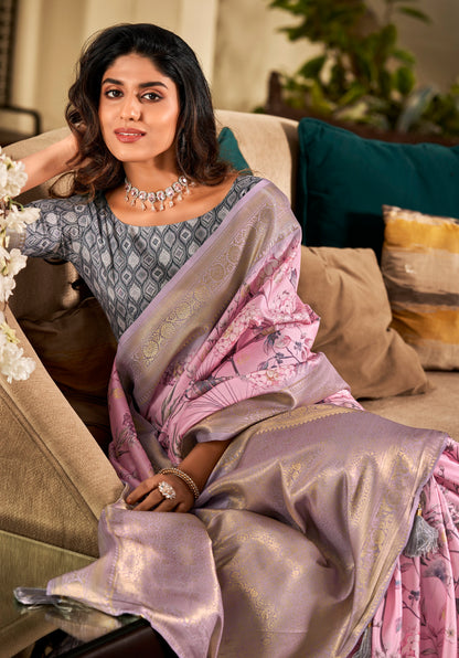 Lavender Designer Digital Printed Soft Silk Saree With Blouse
