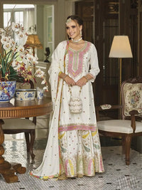 White Embroderied Silk Stitched Plazo Suit