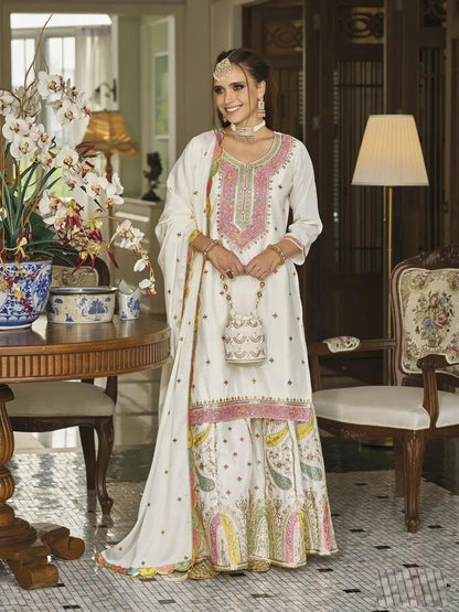 White Embroderied Silk Stitched Plazo Suit