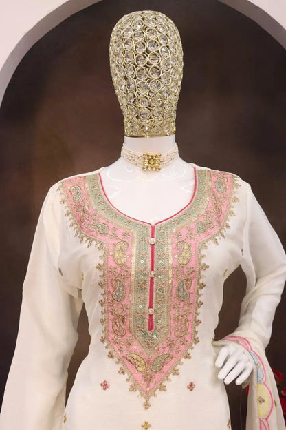 White Embroderied Silk Stitched Plazo Suit