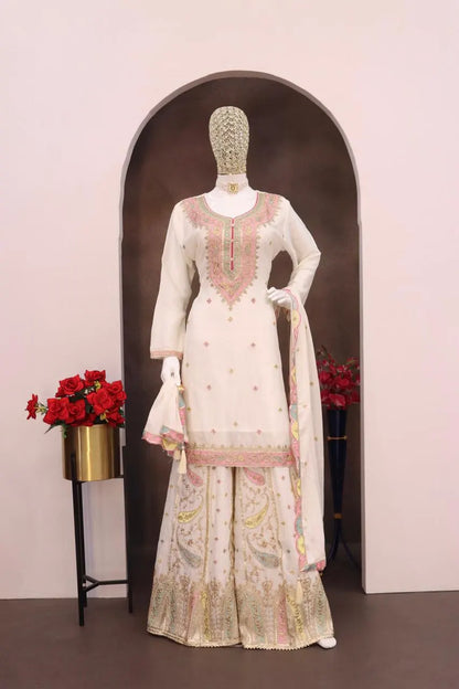 White Embroderied Silk Stitched Plazo Suit