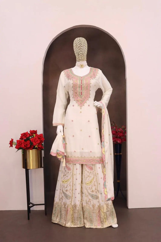 White Embroderied Silk Stitched Plazo Suit