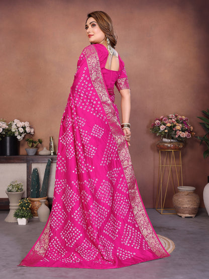 Pink Handmade Bhandhej Viscos Silk Saree With Blouse