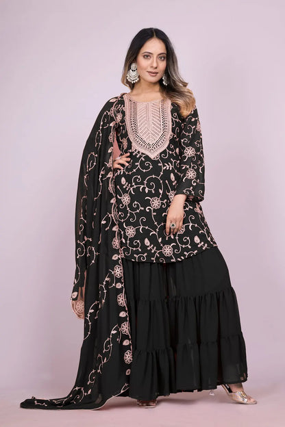 Women's Fox Georgette fabric Embroidery work Kurta with Sharara and Dupatta set 71 Black