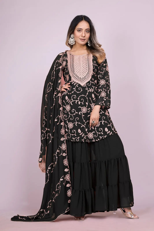 Women's Fox Georgette fabric Embroidery work Kurta with Sharara and Dupatta set 71 Black