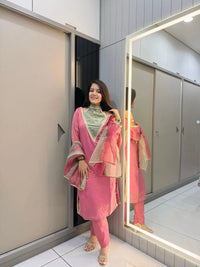 Rani-Pink Roman Shimmer Readymade Kurti Set with Designer Handwork