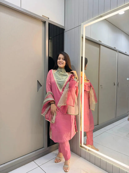 Rani-Pink Roman Shimmer Readymade Kurti Set with Designer Handwork