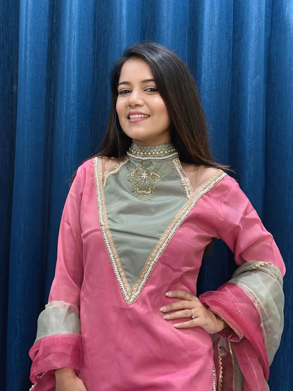 Rani-Pink Roman Shimmer Readymade Kurti Set with Designer Handwork