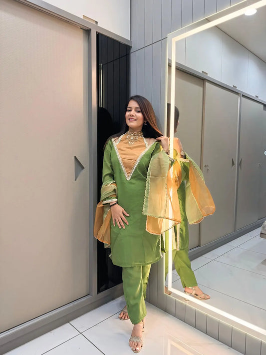 Parrot-Green Roman Shimmer Readymade Kurti Set with Designer Handwork