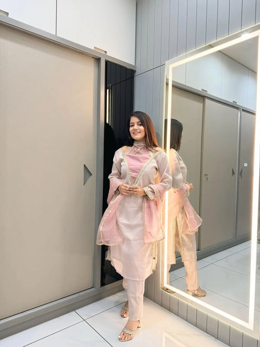 Rose Roman Shimmer Readymade Kurti Set with Designer Handwork