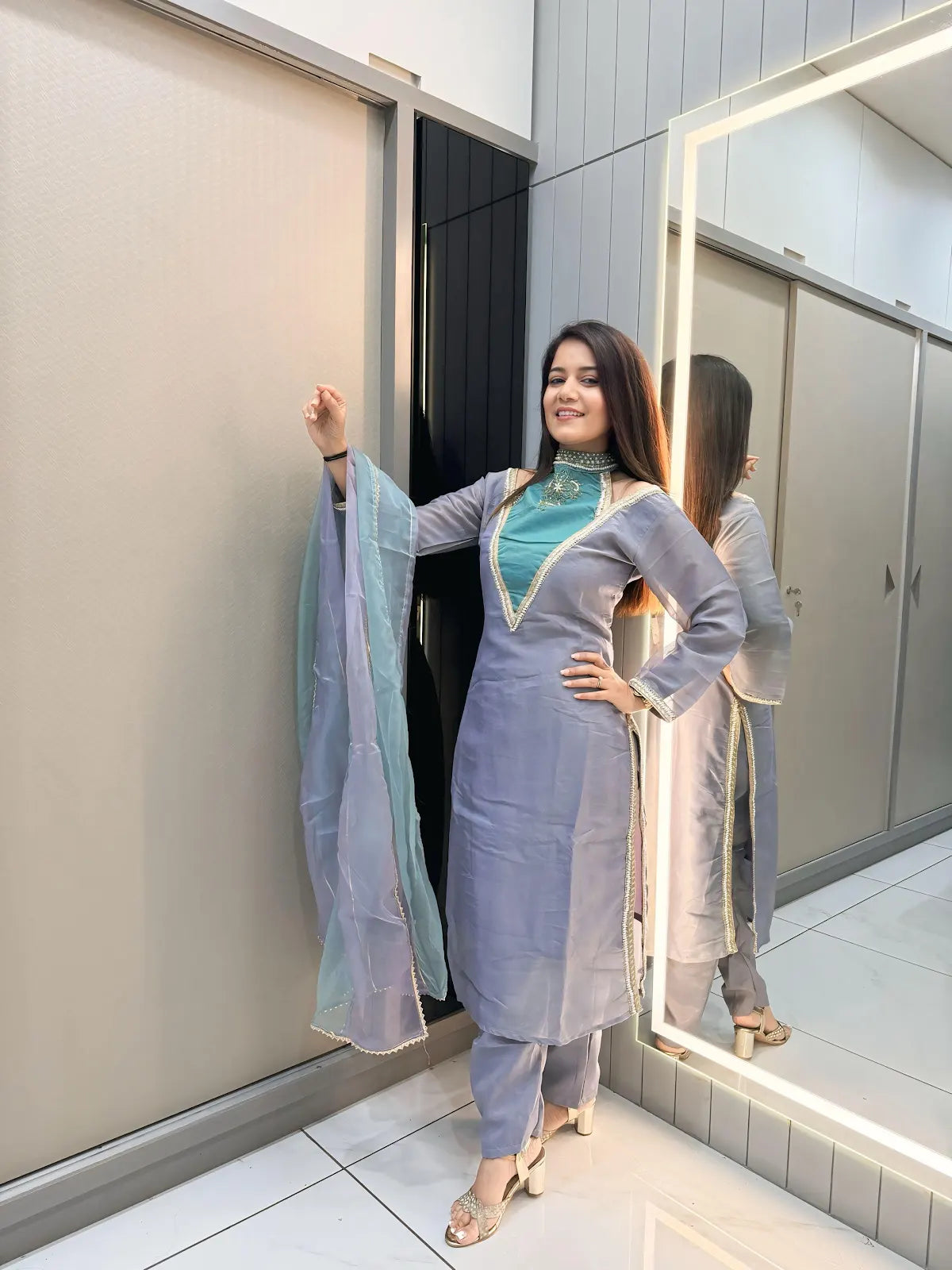 Blue Roman Shimmer Readymade Kurti Set with Designer Handwork