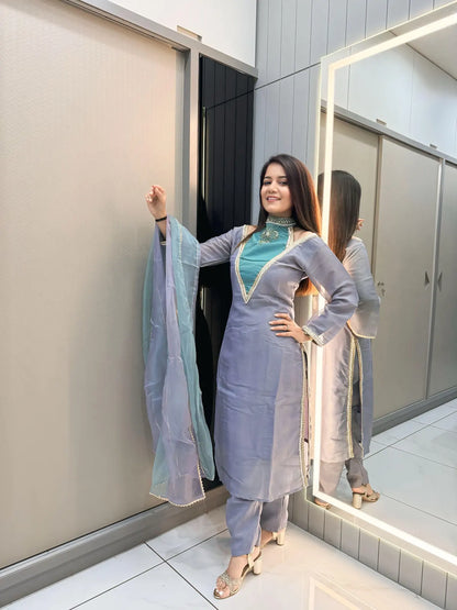 Blue Roman Shimmer Readymade Kurti Set with Designer Handwork