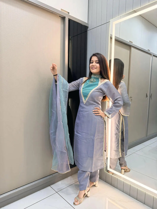 Blue Roman Shimmer Readymade Kurti Set with Designer Handwork