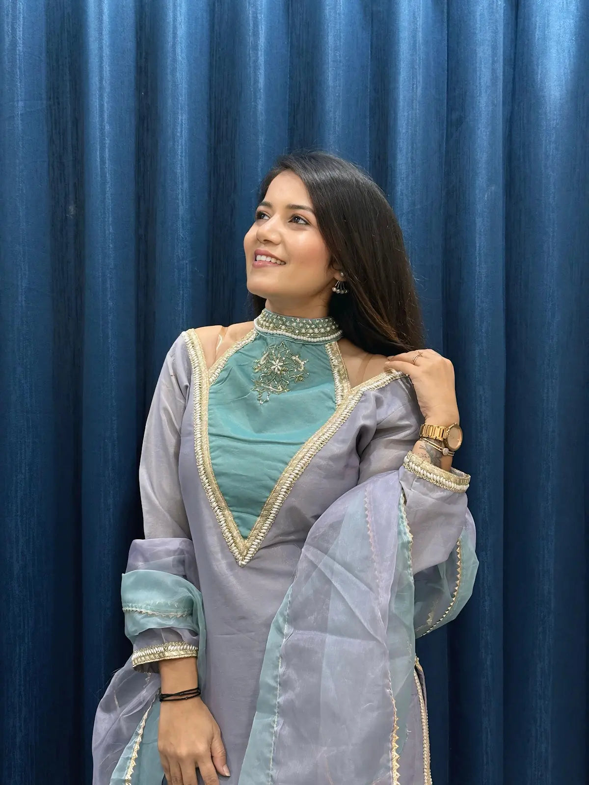 Blue Roman Shimmer Readymade Kurti Set with Designer Handwork