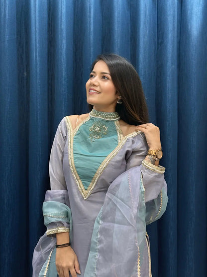 Blue Roman Shimmer Readymade Kurti Set with Designer Handwork