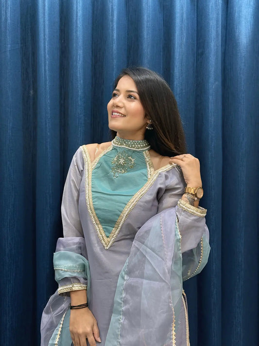 Blue Roman Shimmer Readymade Kurti Set with Designer Handwork