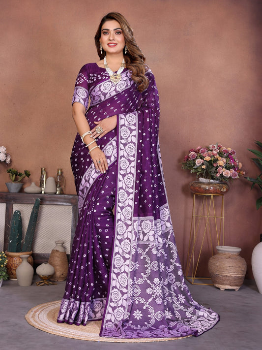 Dark Purple Handmade Bhandhej Viscos Silk Saree With Blouse