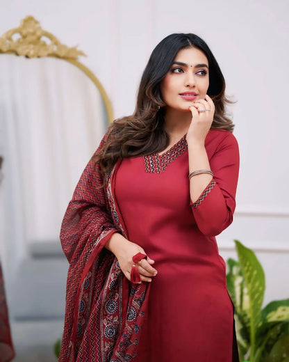 Women's Gorgeous Parmpara Fabric Embroidery Work Straight Kurta Pant and Dupatta Set