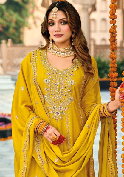 Yellow embroidered Chinon Squence Work free Size stitched anarkali suit