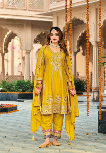 Yellow embroidered Chinon Squence Work free Size stitched anarkali suit