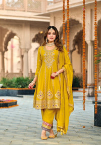 Yellow embroidered Chinon Squence Work free Size stitched anarkali suit