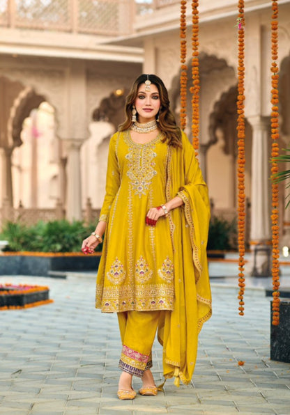 Yellow embroidered Chinon Squence Work free Size stitched anarkali suit