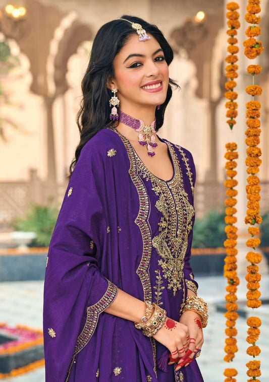 Purple embroidered Chinon Squence Work free Size stitched anarkali suit