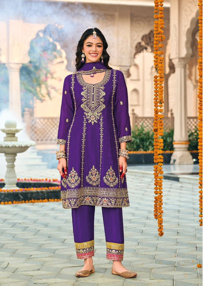 Purple embroidered Chinon Squence Work free Size stitched anarkali suit