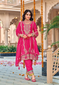 Rani Pink embroidered Chinon Squence Work free Size stitched anarkali suit