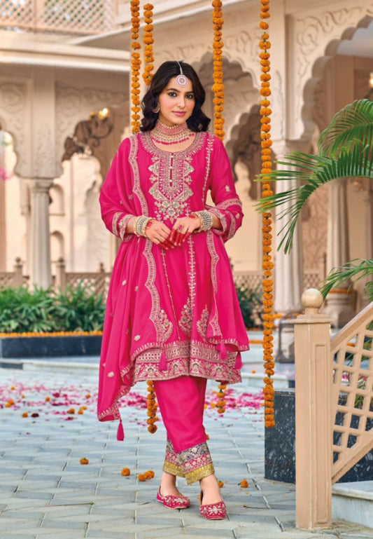 Rani Pink embroidered Chinon Squence Work free Size stitched anarkali suit