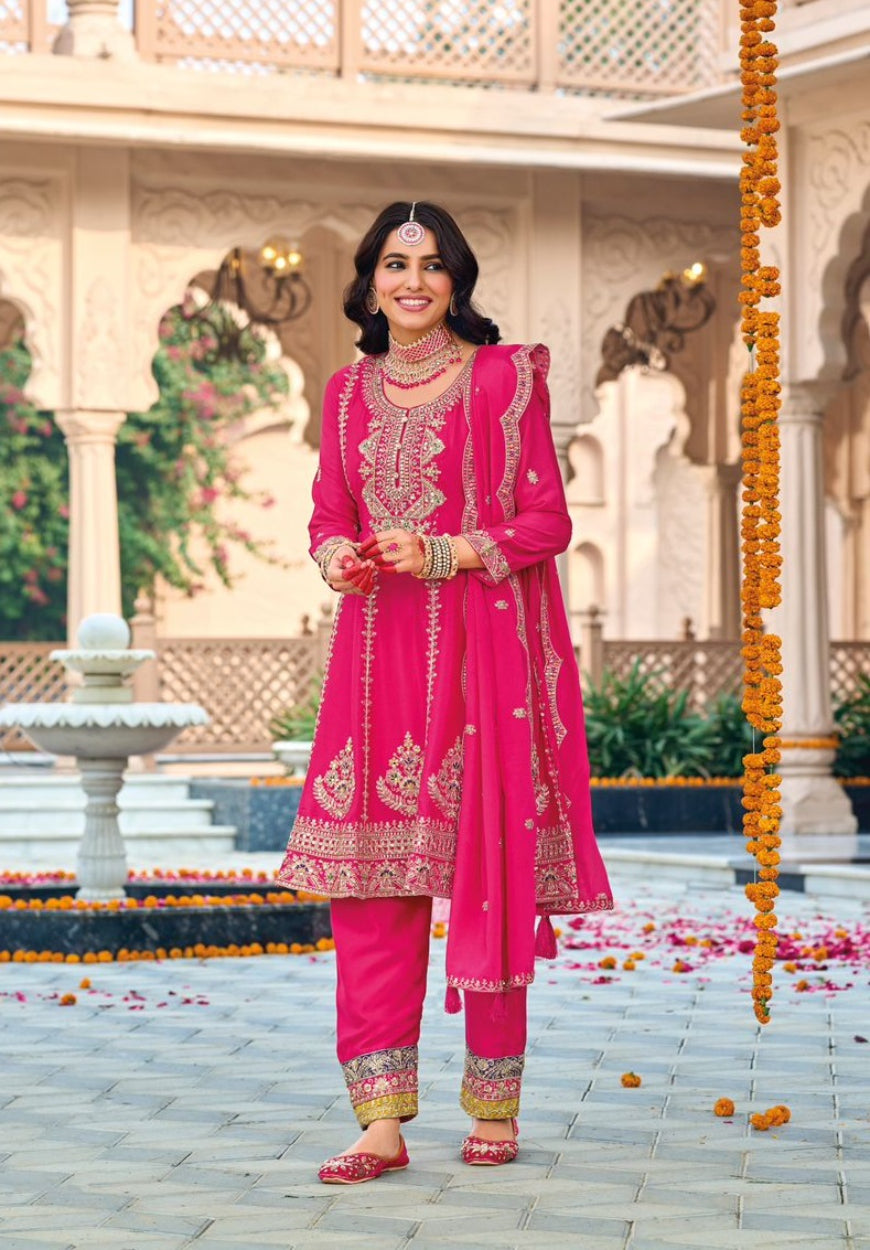 Rani Pink embroidered Chinon Squence Work free Size stitched anarkali suit