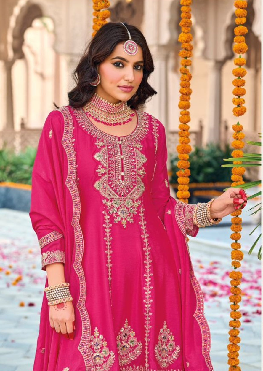 Rani Pink embroidered Chinon Squence Work free Size stitched anarkali suit