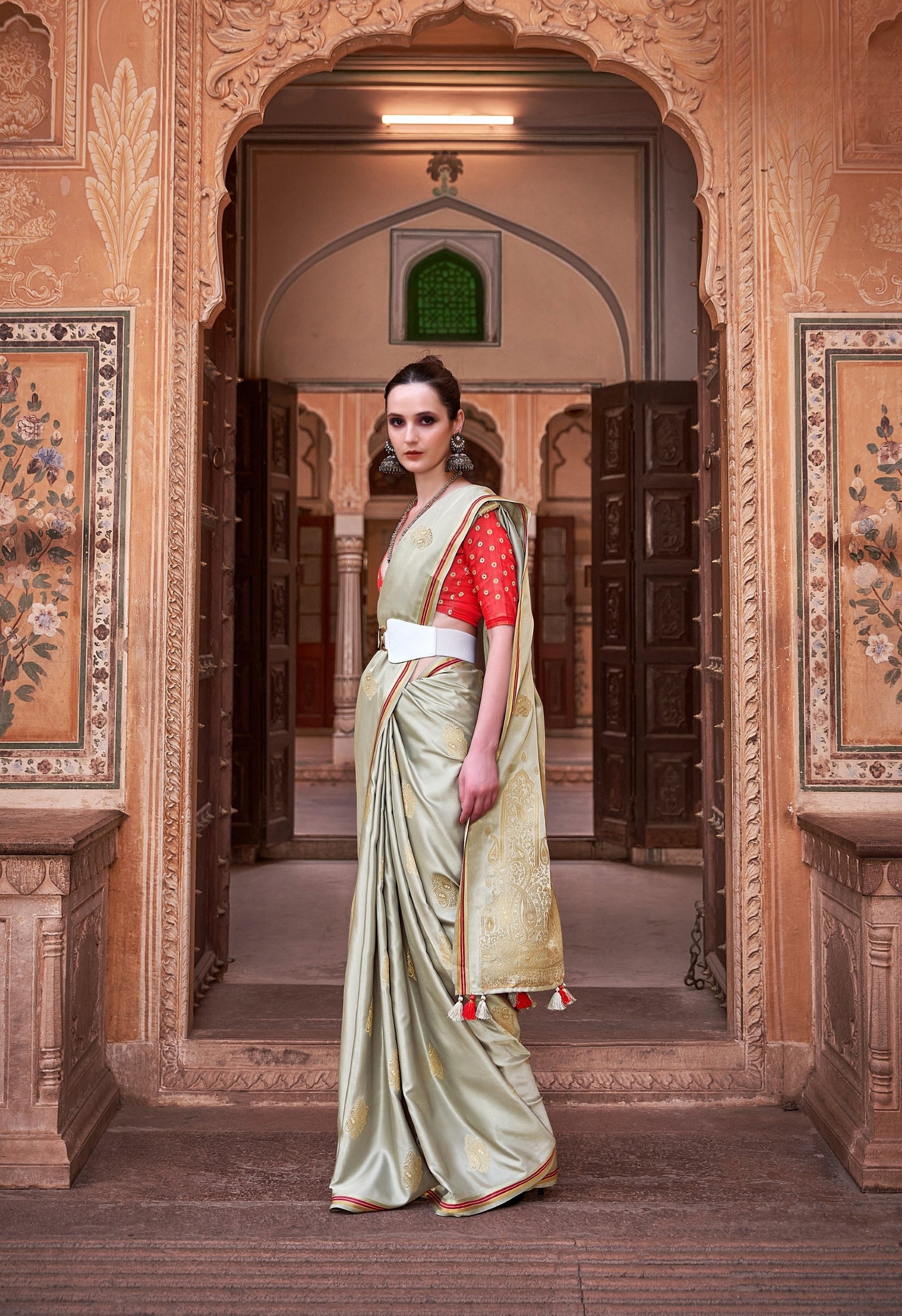 Light green Pure Sattin silk With Zari Weaving Saree With Blouse
