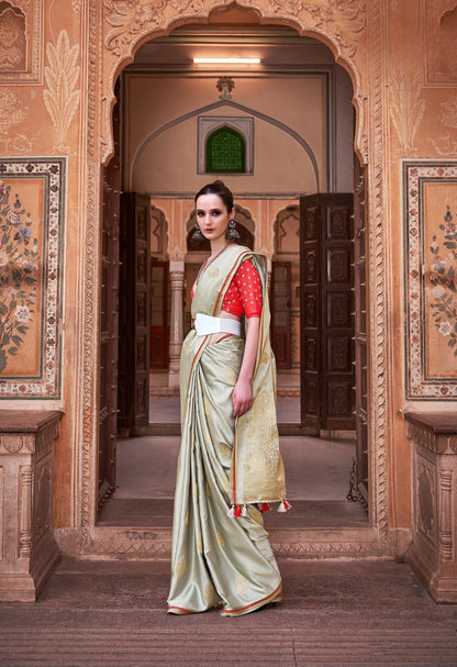Light green Pure Sattin silk With Zari Weaving Saree With Blouse