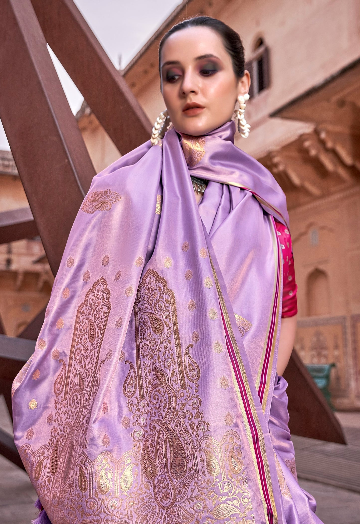 Lavender Pure Sattin silk With Zari Weaving Saree With Blouse
